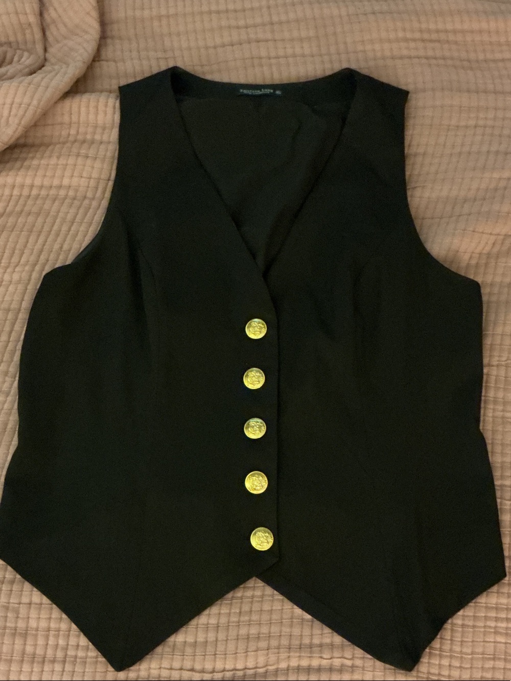 Black V-Neck Button Front Vest with Gold Buttons